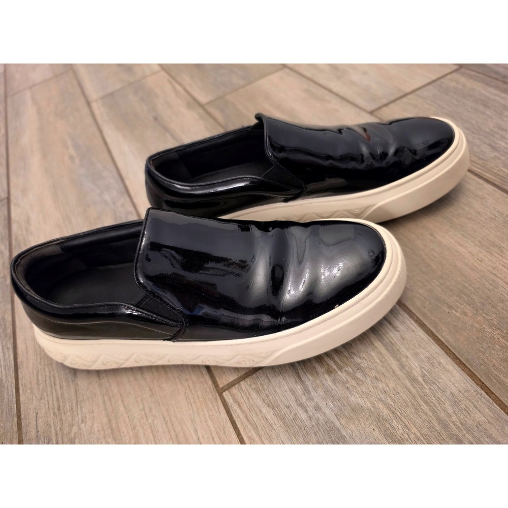 Tory Burch Black Patent Leather Slip On Platform Sneakers Logo Midsole - Picture 2 of 11